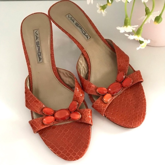 VIA SPIGA Women's Orange  Leather Slip On Heeled Sandals Crystal Embedded Sz 7 - Picture 3 of 15